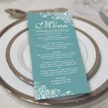 Elegante Aquamarine oder dunkle Aqua & White Curls Menükarte<br><div class="desc">Dieses schöne, aquamarine, türkisfarbene oder dunkelaquafarbene Menü fügt Ihrem Hochzeitsempfang einen gewissen Stil hinzu. Es zeichnet sich durch ein schlichtes, aber schönes Design mit eleganten Schriftzeichen und verzierten dekorativen weißen Vorhängen und Wirbel in den Ecken aus. Es gibt Platz für die Namen des Paares und das Hochzeitstag, und der Text...</div>