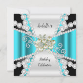 Elegante Aquamarine Perle Schwarz-weiß Diamond Geb Einladung (Vorderseite)