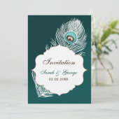Elegante, aquamarine Pfauenhochzeit Einladung (Stehend Vorderseite)