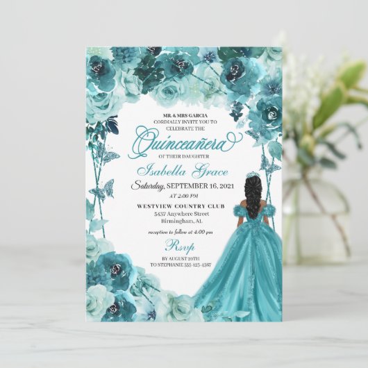 Elegante Aquamarine Quinceanera Einladung (Stehend Vorderseite)