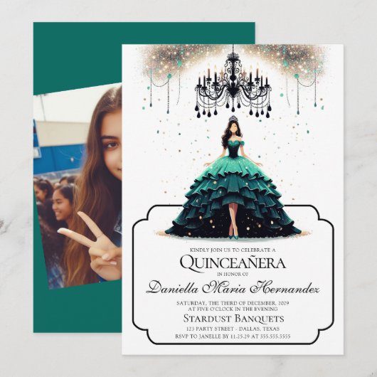 Elegante Aquamarine Quinceañera Einladung (Vorne/Hinten)