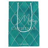 Elegante Aquamarine Raute Muster Frohe Weihnachten Mittlere Geschenktüte (Rückseite)