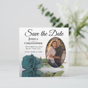 Elegante Aquamarine Rose auf Weiß mit Oval Foto Ho Save The Date