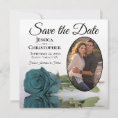 Elegante Aquamarine Rose auf Weiß mit Oval Foto Ho Save The Date (Vorderseite)