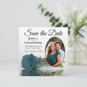 Elegante Aquamarine Rose auf Weiß mit Oval Foto Ho Save The Date