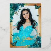 Elegante Aquamarine Rose Gold Floral Foto Quincean Folieneinladung (Vorderseite)
