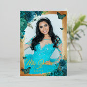 Elegante Aquamarine Rose Gold Floral Foto Quincean Folieneinladung (Stehend vorne)