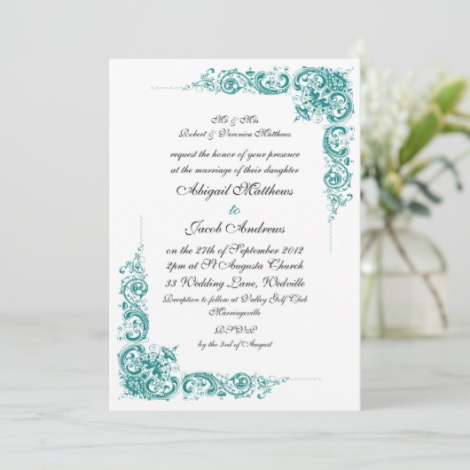 Elegante Aquamarine Schwarz-Weiß-Hochzeit-Einladun Einladung (Stehend Vorderseite)