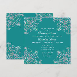 Elegante Aquamarine Silber Verzierte Flora Quinceñ Einladung