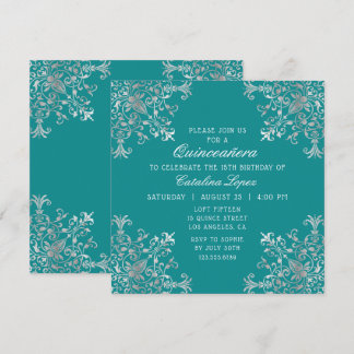Elegante Aquamarine Silber Verzierte Flora Quinceñ Einladung