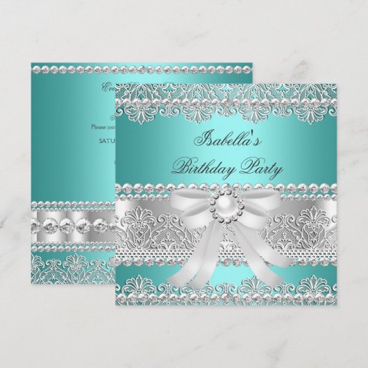 Elegante Aquamarine Silver Diamond Pearl Geburtsta Einladung (Vorne/Hinten)