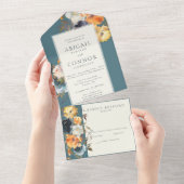 Elegante Aquamarine Terracotta Navy Boho Floral All In One Einladung (Abreißen)