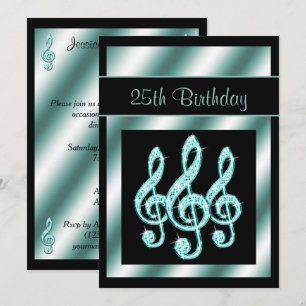 Elegante, Aquamarine Treble Clefs 25. Geburtstag Einladung