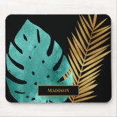 Elegante Aquamarine tropische Blätter Schwarzes Mo Mousepad (Vorne)