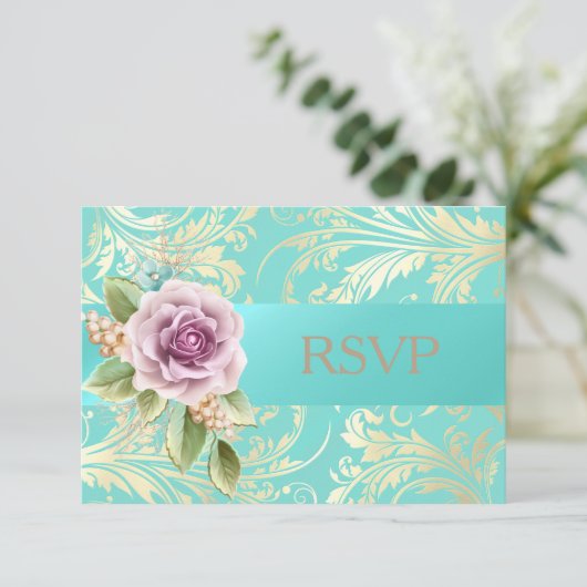 Elegante Aquamarine und Gold Lavender UAWG Floral RSVP Karte (Stehend Vorderseite)