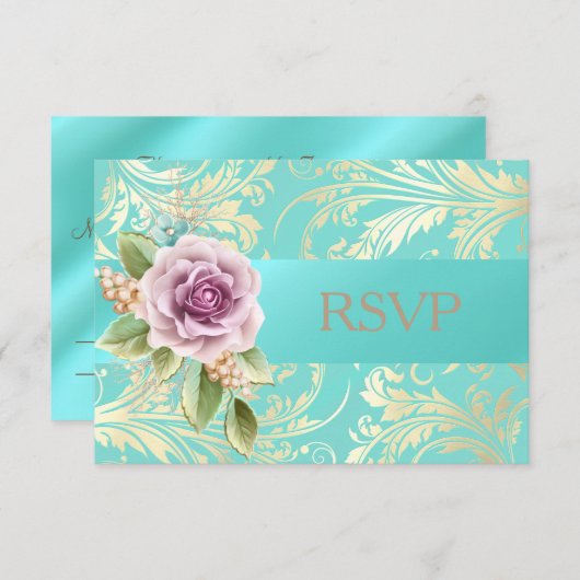 Elegante Aquamarine und Gold Lavender UAWG Floral RSVP Karte (Vorne/Hinten)