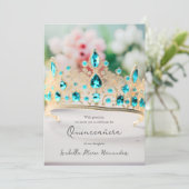 Elegante Aquamarine und Golden Tiara Quinceañera Einladung (Stehend Vorderseite)