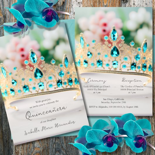 Elegante Aquamarine und Golden Tiara Quinceañera Einladung