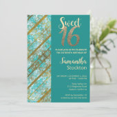 Elegante Aquamarine und goldene Einladung zum Gebu (Stehend Vorderseite)