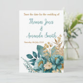 Elegante Aquamarine und goldene florale Save the D Save The Date (Stehend Vorderseite)