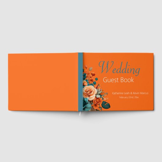 Elegante Aquamarine und orange blumenreiche Hochze Gästebuch (Voll)
