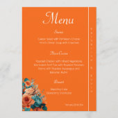 Elegante Aquamarine und orange blumenreiche Hochze Menükarte (Vorderseite)