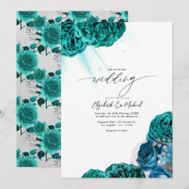 Elegante Aquamarine und silberfarbene Hochzeit Einladung