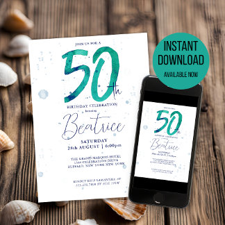 Elegante Aquamarine Wasserfarbe 50. Geburtstagspar Einladung