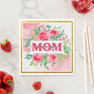 Elegante Aquarell-Blumen "MAMA ICH LIEBE DICH" Mut Serviette
