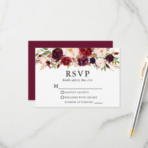 Elegante Aquarell-Bordeaux-Blumenhochzeit RSVP Karte