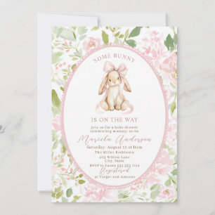 Elegante Aquarell-Häschen mit rosa Schleife Baby S Einladung