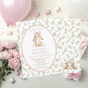 Elegante Aquarell-Häschen mit rosa Schleife Baby S Einladung