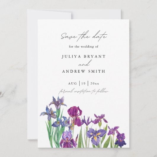 Elegante Aquarell Iris Blume Save The Date (Vorderseite)