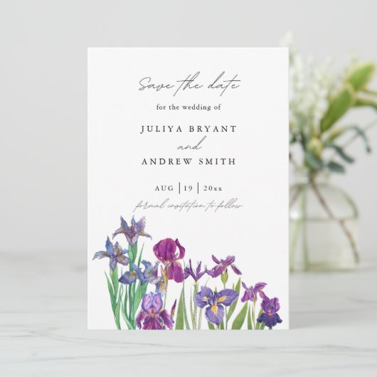 Elegante Aquarell Iris Blume Save The Date (Stehend Vorderseite)
