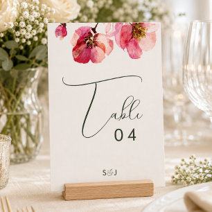 Elegante Aquarell-Korallenrosa Blumenhochzeit Tischnummer