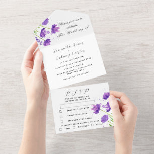 Elegante Aquarell-Lila-Blumen-Hochzeit mit Flieder All In One Einladung