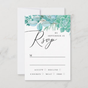 Elegante Aquarell-Mint-Blumen-Sukkulenten-Hochzeit RSVP Karte