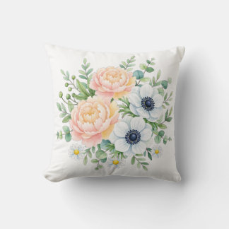 Elegante Aquarell-Pfingstrose und weiße Anemone Bl Kissen