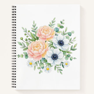 Elegante Aquarell-Pfingstrose und weiße Anemone Bl Notizblock