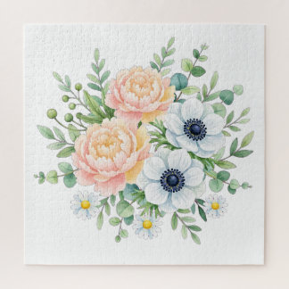Elegante Aquarell-Pfingstrose und weiße Anemone Bl Puzzle