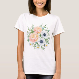 Elegante Aquarell-Pfingstrose und weiße Anemone Bl T-Shirt
