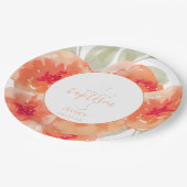 Elegante Aquarell-Pfirsich-Pfingstrosen-Taufe Pappteller (Schrägansicht)