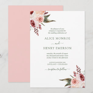 Elegante Aquarell-Rosa-Burgunder-Rosen-Hochzeit Einladung