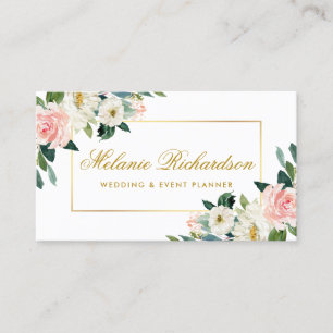 Elegante Aquarell-Rosa-Errötung Weiße Blumen Gold Visitenkarte