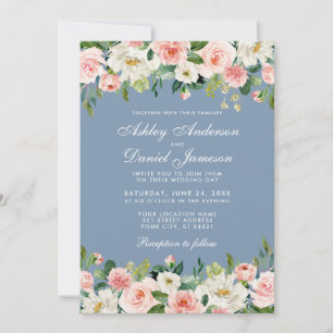 Elegante Aquarell-Rosa-Floral-Staubblaue Hochzeit Einladung
