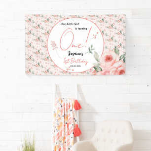 Elegante Aquarell-Rosa-Rose Mädchen 1. Geburtstag Banner