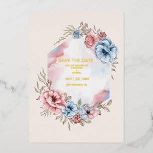 Elegante Aquarell-Rosa- und Blaublumen-Hochzeit Folieneinladung