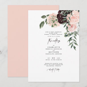 Elegante Aquarell-Rosé- und Weinrote Blumige Hochz Einladung