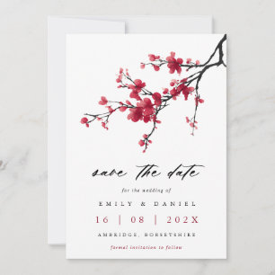 Elegante Aquarell-Rote-Kirschblüten-Hochzeit Save The Date