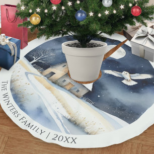 Elegante Aquarell-Szene Schleiereule im Schnee Wei Polyester Weihnachtsbaumdecke